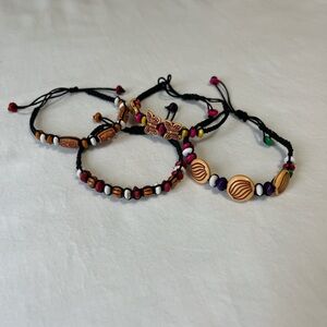 Handmade Wooden Beads Charm Adjustable Bracelet Braided Black String